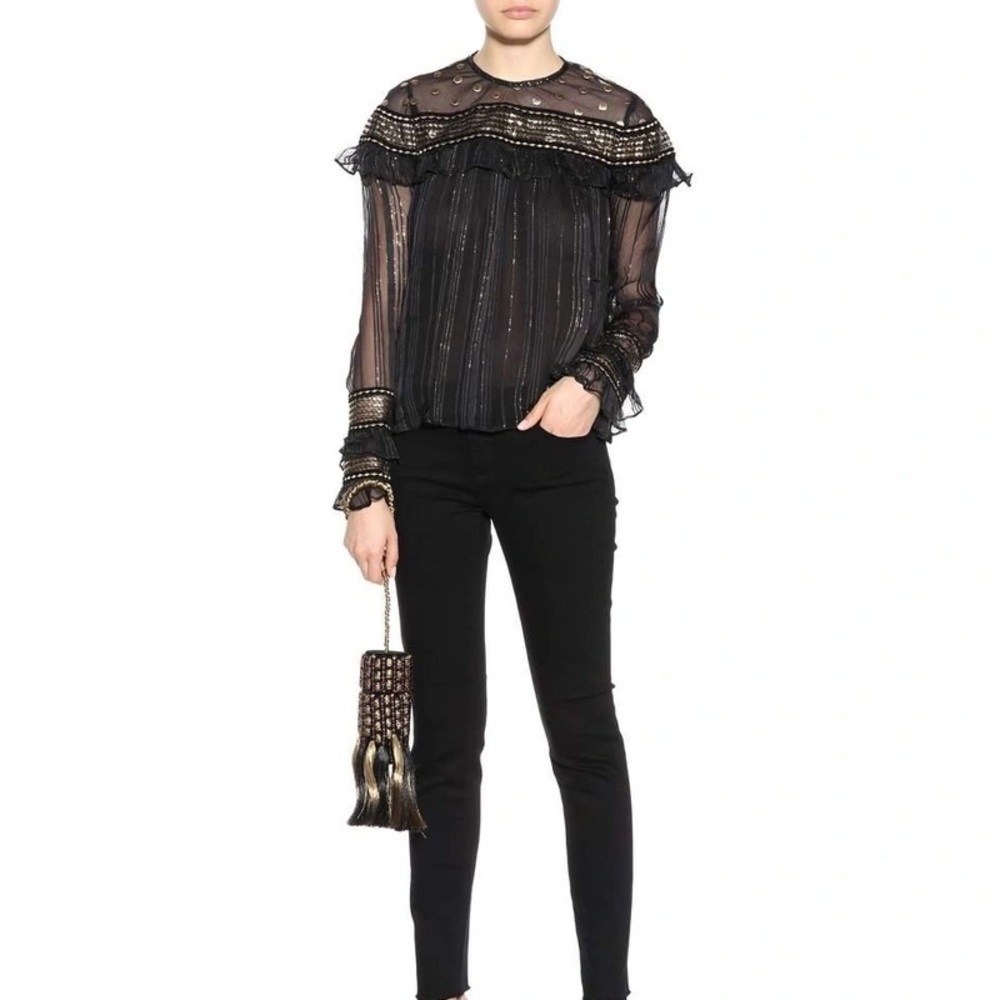 DODO BAR OR Black & Gold Embroidered Gothic Tulle Chiffon Top Women’s Sz 40/S